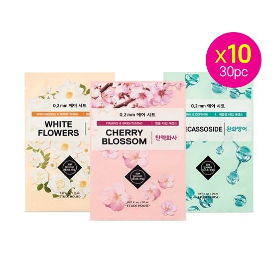 Korean Beauty Skincare -ETUDE-[set] 0.2 Therapy Air Mask 30pcs (white Flower + Madecassoside + Cherry Blossom)